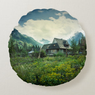 Wooden house, mountain nature scenery. round cushion
