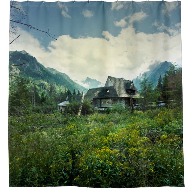 Wooden house, mountain nature scenery. shower curtain (Front)