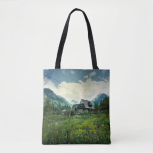 Wooden house, mountain nature scenery. tote bag