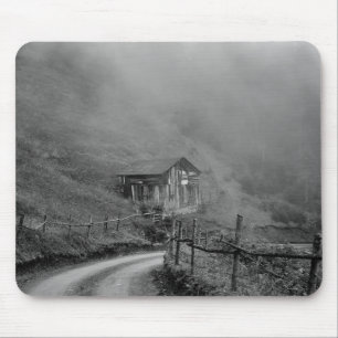 Wooden hut in nature/fog at mountain mouse mat