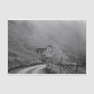 Wooden hut in nature/fog at mountain tissue paper