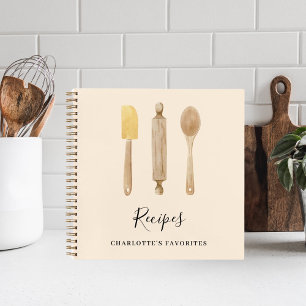 Wooden kitchen utensils beige recipe cookbook notebook