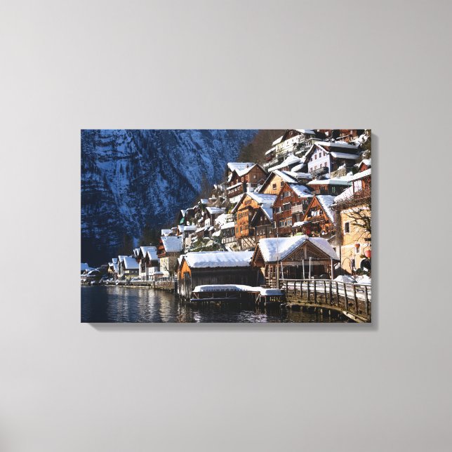 Wooden lakeside houses in Hallstatt, Austria Canvas Print (Front)