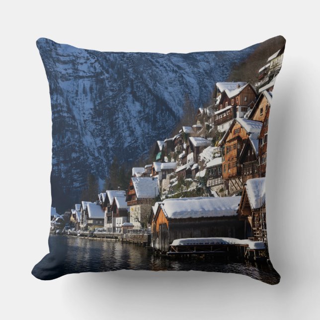 Wooden lakeside houses in Hallstatt, Austria Cushion (Front)