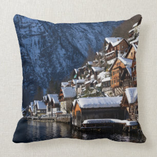 Wooden lakeside houses in Hallstatt, Austria Cushion