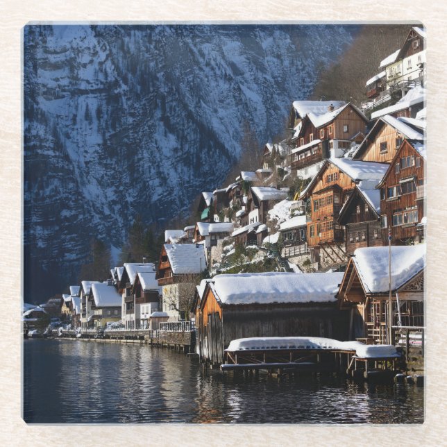 Wooden lakeside houses in Hallstatt, Austria Glass Coaster (Front)