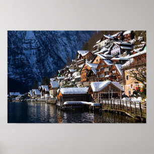 Wooden lakeside houses in Hallstatt, Austria Poster