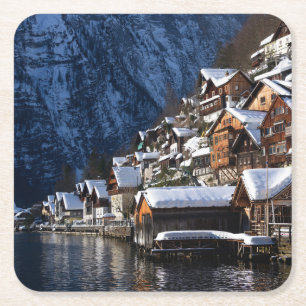 Wooden lakeside houses in Hallstatt, Austria Square Paper Coaster