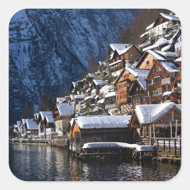 Wooden lakeside houses in Hallstatt, Austria Square Sticker (Front)