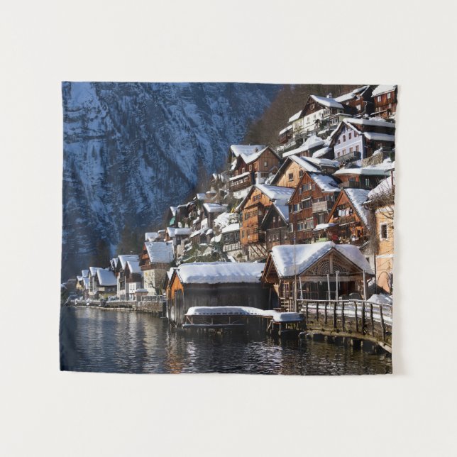 Wooden lakeside houses in Hallstatt, Austria Tapestry (Front (Horizontal))