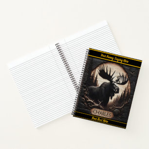 Wooden moose carving in nature notebook