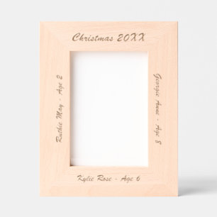 Wooden photo frame with children's names and ages 