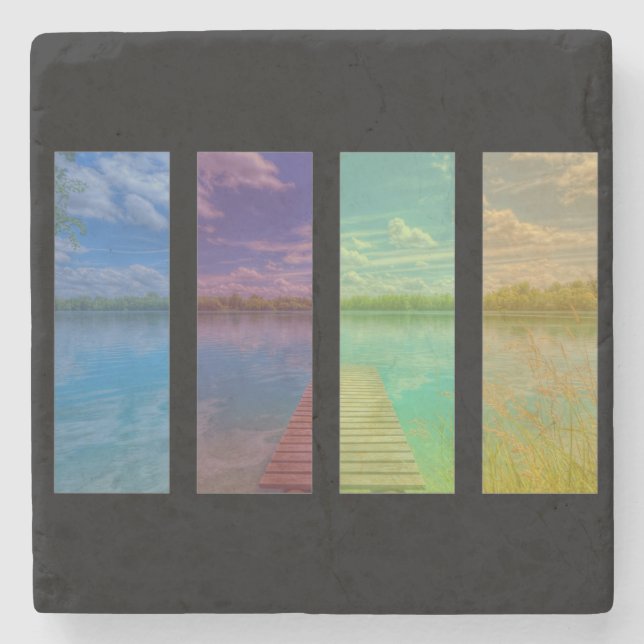 Wooden Pier over a Calm Lake Landscape Quadtrych Stone Coaster (Front)