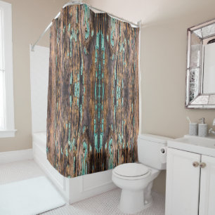 Wooden plank with flakes of turquoise paint large shower curtain