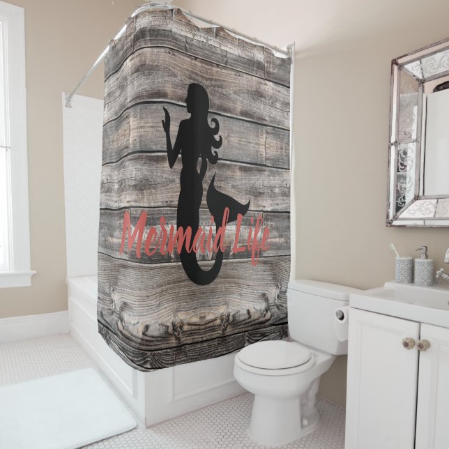 WOODEN PLANKS + MERMAID with script mermaid life Shower Curtain (In Situ)