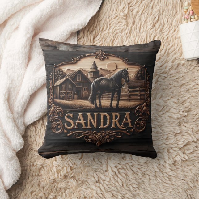 Wooden Plaque Featuring Horse and Farm Landscape Cushion (Blanket)