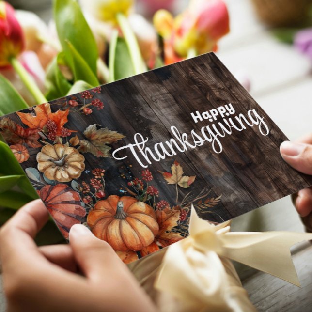 Wooden Pumpkins and Leaves Happy Thanksgiving Holiday Card (Creator Uploaded)