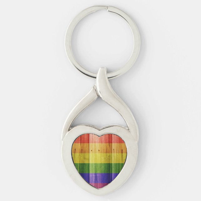 Wooden rainbow pride flag key ring (Front)