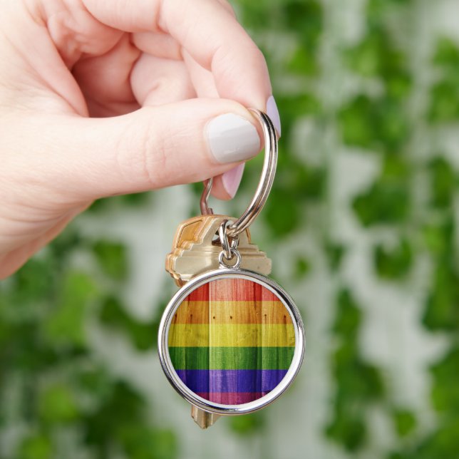 Wooden rainbow pride flag key ring (Hand)