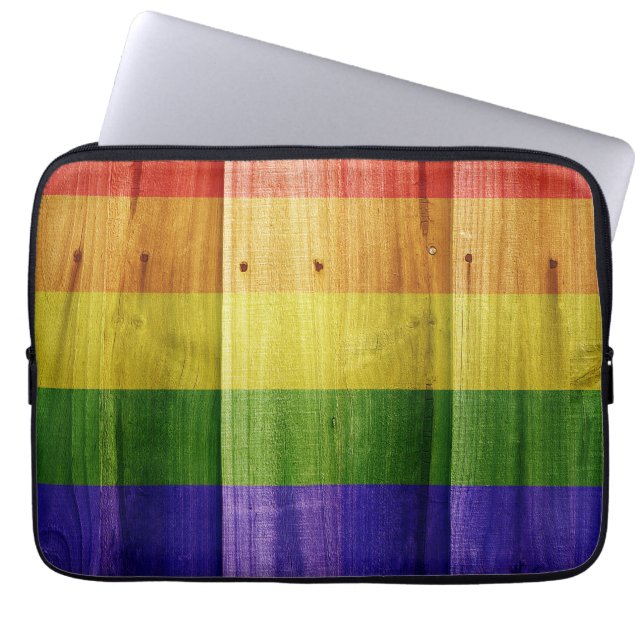 Wooden rainbow pride flag laptop sleeve (Front)