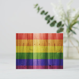 Wooden rainbow pride flag postcard