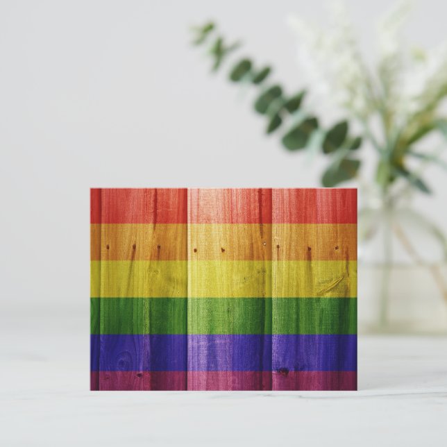 Wooden rainbow pride flag postcard (Standing Front)