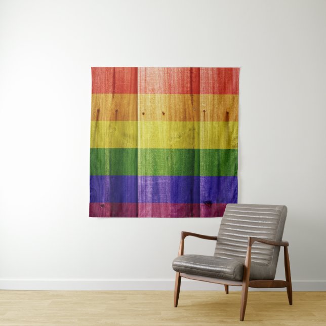 Wooden rainbow pride flag tapestry (In Situ)