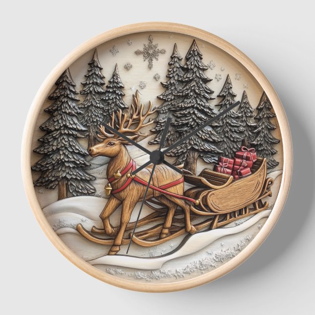 Wooden reindeer sleigh carving clock (Front)
