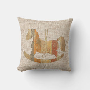 Wooden Rocking Horse Vintage Style Linen Pillow
