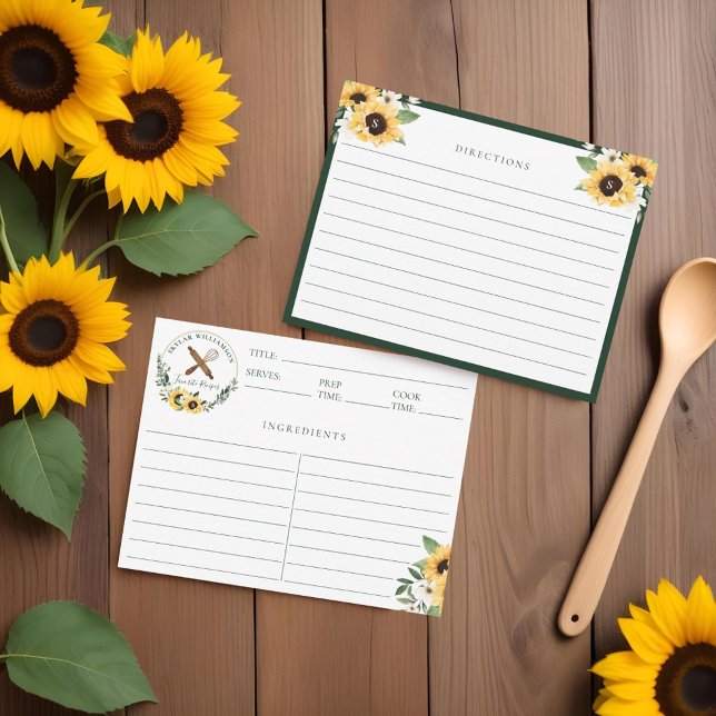 Wooden Rolling Pin & Whisk Yellow Sunflower Recipe Card (Wooden Rolling Pin & Whisk Yellow Sunflower Recipe Note Card)