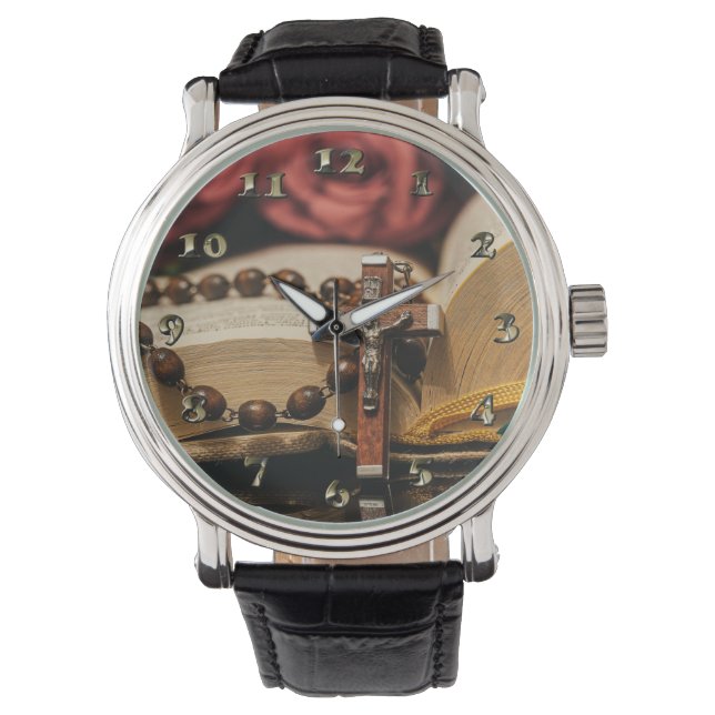 Wooden Rosary with Jesus on Cross Watch (Front)