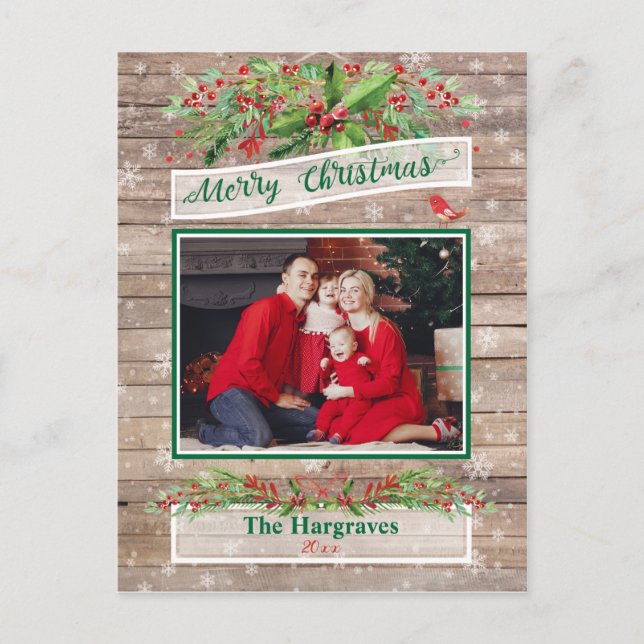 Wooden Rustic Christmas Holly Snowflake Family Postcard (Front)