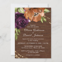 Wooden Rustic Orange, Purple Wedding Invitation