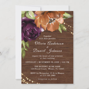 Wooden Rustic Orange, Purple Wedding Invitation