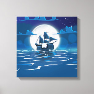 Wooden Sail ship voyage in the moonlight Canvas Print