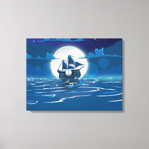 Wooden Sail ship voyage in the moonlight Canvas Print