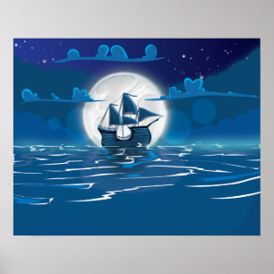 Wooden Sail ship voyage in the moonlight Poster