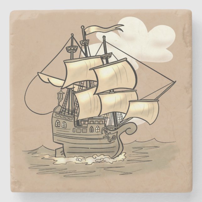 Wooden Sailing Ship Stone Coaster (Front)