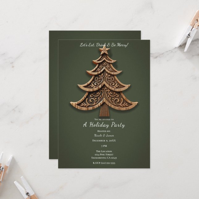 Wooden Scandinavian Green Holiday Christmas Tree Invitation (Front/Back In Situ)