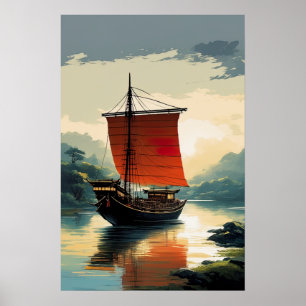 Wooden Ship on Peaceful River Poster