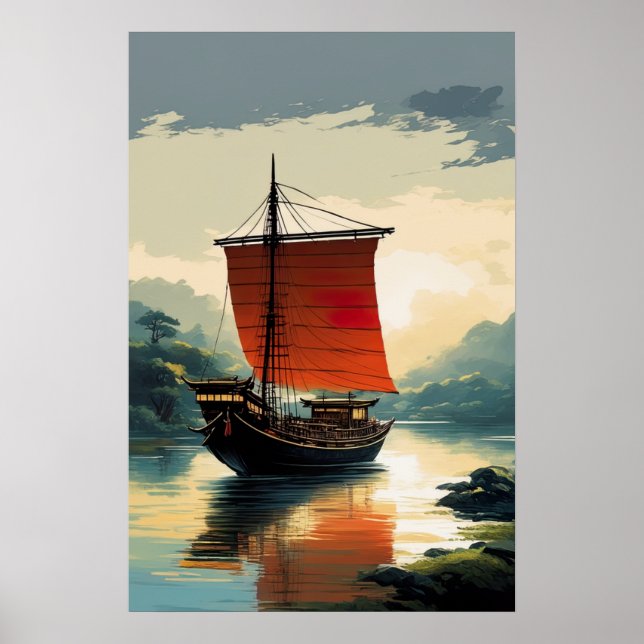 Wooden Ship on Peaceful River  Poster (Front)