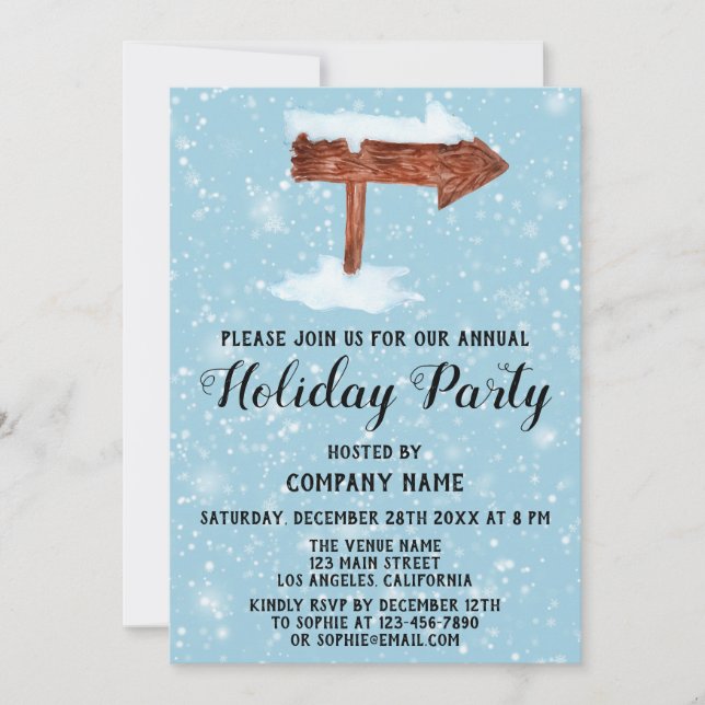 Wooden Sign White Snow Blue Company Holiday Party Invitation (Front)