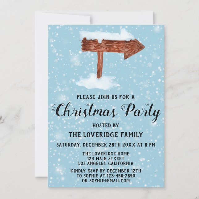 Wooden Sign & White Snow Holiday Christmas Party Invitation (Front)