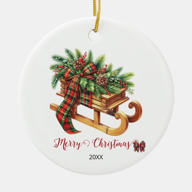 Wooden Sled Fir Branches Green & Red Plaid Ceramic Tree Decoration (Front)