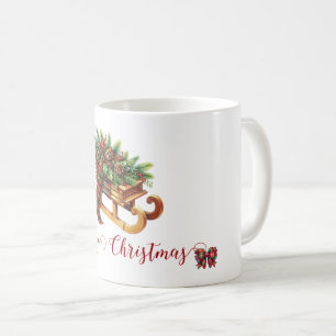 Wooden Sled Fir Branches Green & Red Plaid Coffee Mug