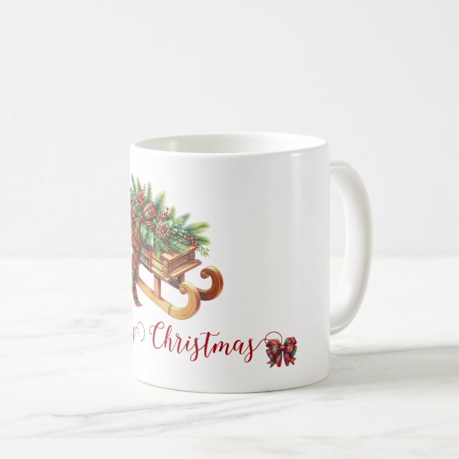 Wooden Sled Fir Branches Green & Red Plaid Coffee Mug (Front Right)