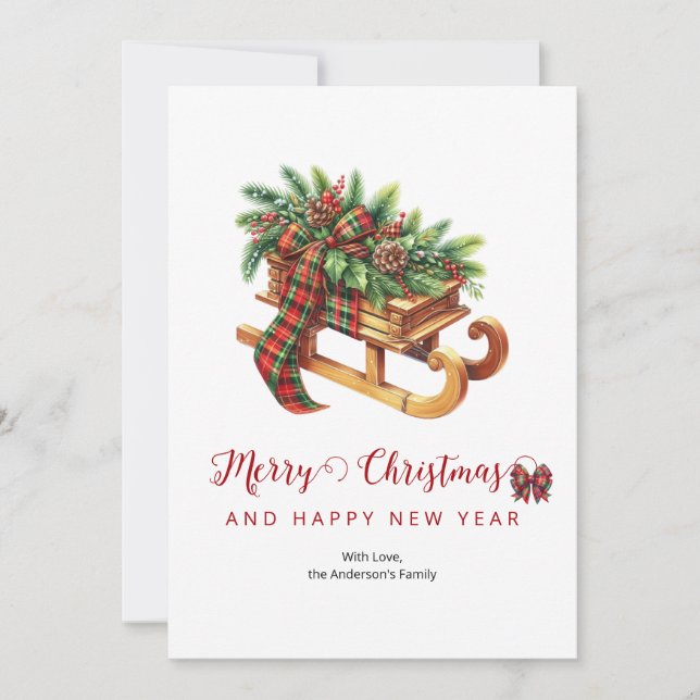Wooden Sled Fir Branches Green & Red Plaid Holiday Card (Front)