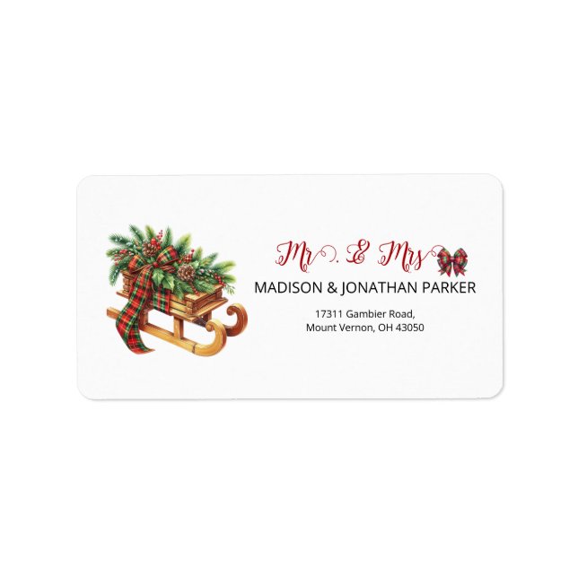 Wooden Sled Fir Branches Green & Red Plaid Label (Front)