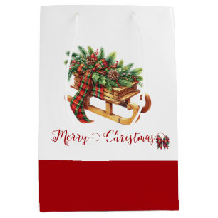 Wooden Sled Fir Branches Green & Red Plaid Medium Gift Bag