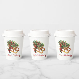 Wooden Sled Fir Branches Green & Red Plaid Paper Cups